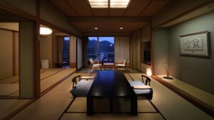 Camera in tatami con tavolo basso e sedie da pavimento