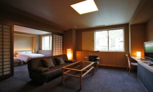 配有沙发、桌子和床区的客房