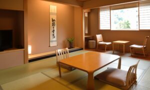 窗边设有矮桌和椅子的榻榻米客房