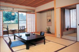 Tatami room with low table and floor chairs