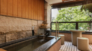 Private bath on a balcony with trees outside