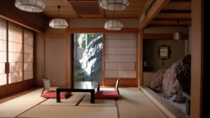 Tatami room with low table and floor chairs