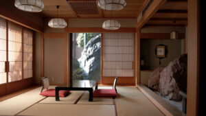 Tatami room with low table and floor cushions