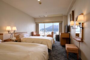 Twin beds in a guest room with ocean view