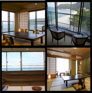 客室内観と海の眺望のコラージュ