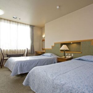 窓際の seating の近くにあるツインベッドの客室