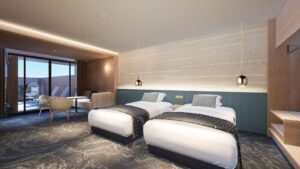 Deux lits jumeaux dans une chambre moderne