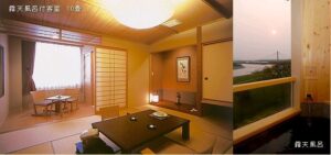 榻榻米客房和私人浴室的拼图，可欣赏河景
