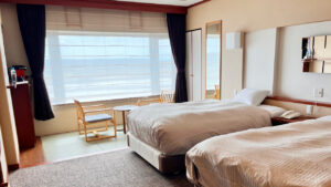 客房内靠窗座位旁的双床