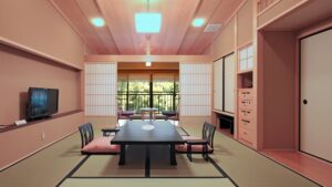 Tatami-Zimmer mit niedrigem Tisch und Bodensesseln
