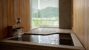 窗边带山景的私人木质浴池