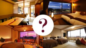 Collage aus Gästezimmerfotos mit einem Fragezeichen