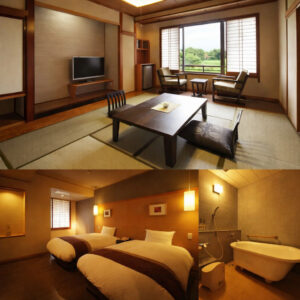 Collage aus Tatami-Zimmer, Betten und Badezimmer