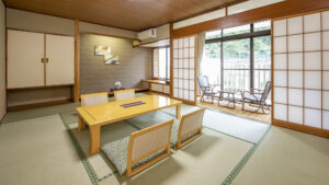 Tatami room with low table and floor chairs