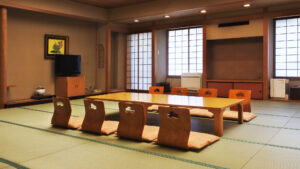 Tatami room with low table and floor chairs