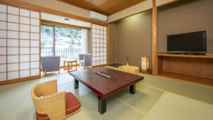 Tatami room with low table, chairs, and television