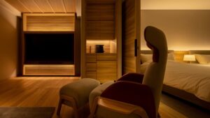 Chambre avec fauteuil, ottoman et grand lit