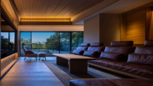 Espace de vie avec canapé en cuir et vue par la fenêtre