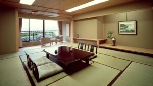 Chambre en tatami avec table basse et coussins de sol