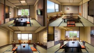 Habitación de tatami con mesa baja y sillas de suelo