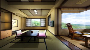 Habitación de tatami con mesa baja y sillas junto a la ventana
