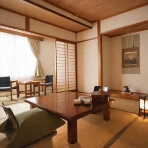 Camera in tatami con tavolo basso e sedie