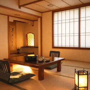 Camera con tatami, tavolo basso e sedie da pavimento