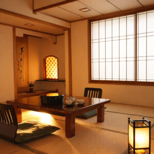 Camera in tatami con tavolo basso e cuscini da pavimento