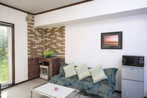 Small sofa seating area with table and mini fridge
