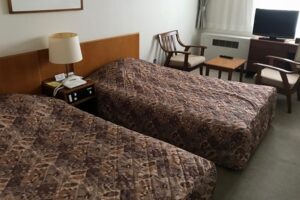Two beds in a guest room with chairs and TV
