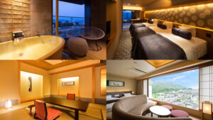Collage aus Bad, Betten, Tatami-Zimmer und Sitzbereich