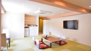 Tatami room with low table and floor chairs