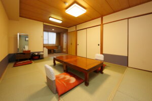 Tatami room with low table and floor cushions