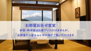 Superposición de texto en japonés sobre una habitación con vistas al monte Fuji