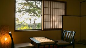 Low table and chairs by shoji window