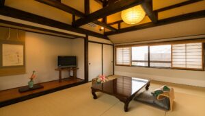 Tatami room with low table and floor chairs