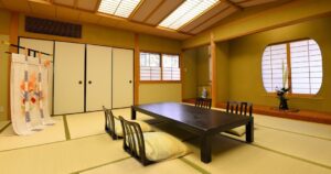 Tatami room with low table and floor chairs