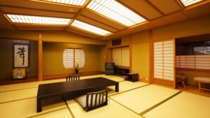 Tatami room with low table and floor chairs