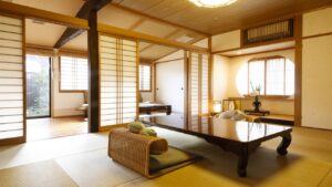 Tatami room with low table and floor chairs
