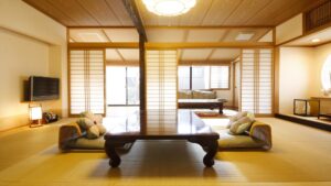 Tatami room with low table and floor chairs
