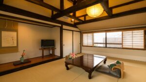 Tatami room with low table and floor chairs