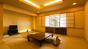 Tatami room with low table and floor cushion