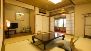 Tatami room with low table and floor cushions