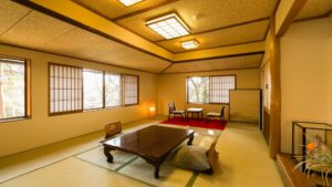 Tatami room with low table and floor cushions