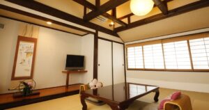 Tatami room with low table and floor cushions