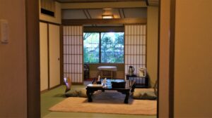 Tatami room with low table by the window