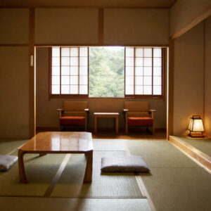 낮은 테이블, 방석, 창가 의자가 있는 다다미방