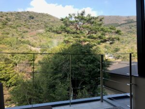 木々と丘を見渡すバルコニーの手すり