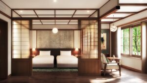 Dos camas en una habitación de estilo japonés