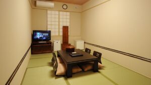 Tatami room with low table and floor cushions